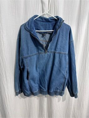 Vintage Style Blue Denim Half-Zip Pullover